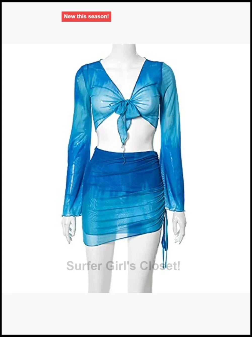Sheer Mesh 2 Piece Set Long Sleeve Crop Top Bodycon Mini Skirt Clubwear